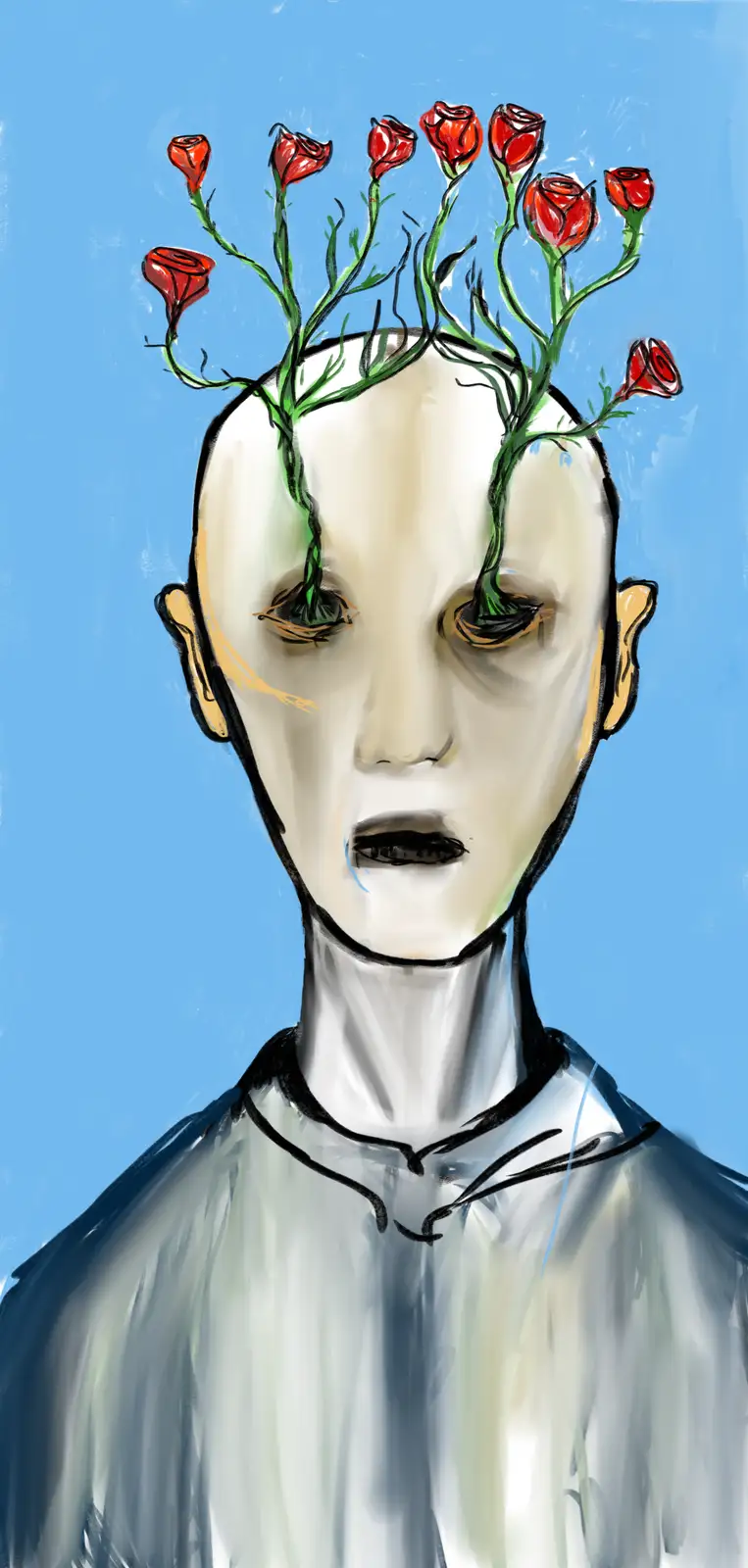 An illustration of a pale, bald person with red roses growing out of their head and eyes, set against a blue background. The…