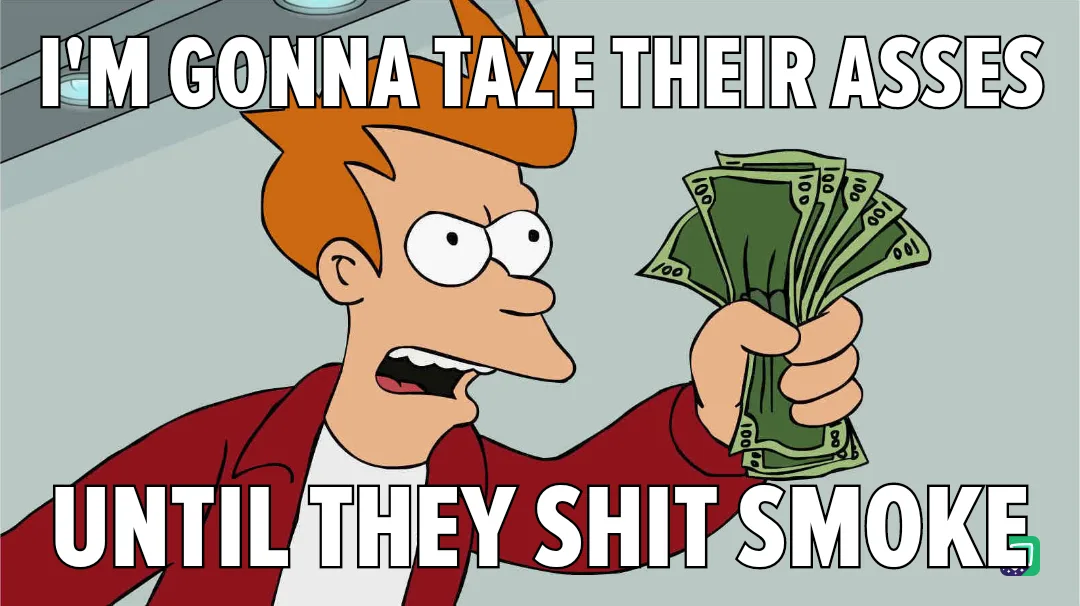 A cartoon man with orange hair and a red jacket holds a fanned stack of $100 bills while shouting. The text overlaid on the…