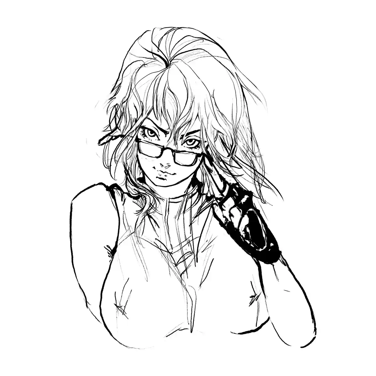 A black-and-white line art sketch of an anime-style woman with glasses, messy hair, and a stern expression, holding a…