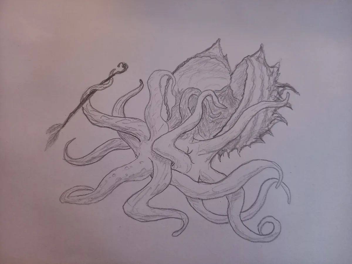 A pencil sketch on paper depicts a creature with multiple tentacles and a large, spiky shell-like head, resembling a squid…