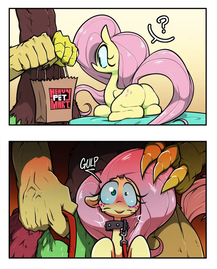 Two-panel comic: top panel shows a pink pony with a confused expression as a large hand holds a 'Heavy Pet Mart' bag; bottom…