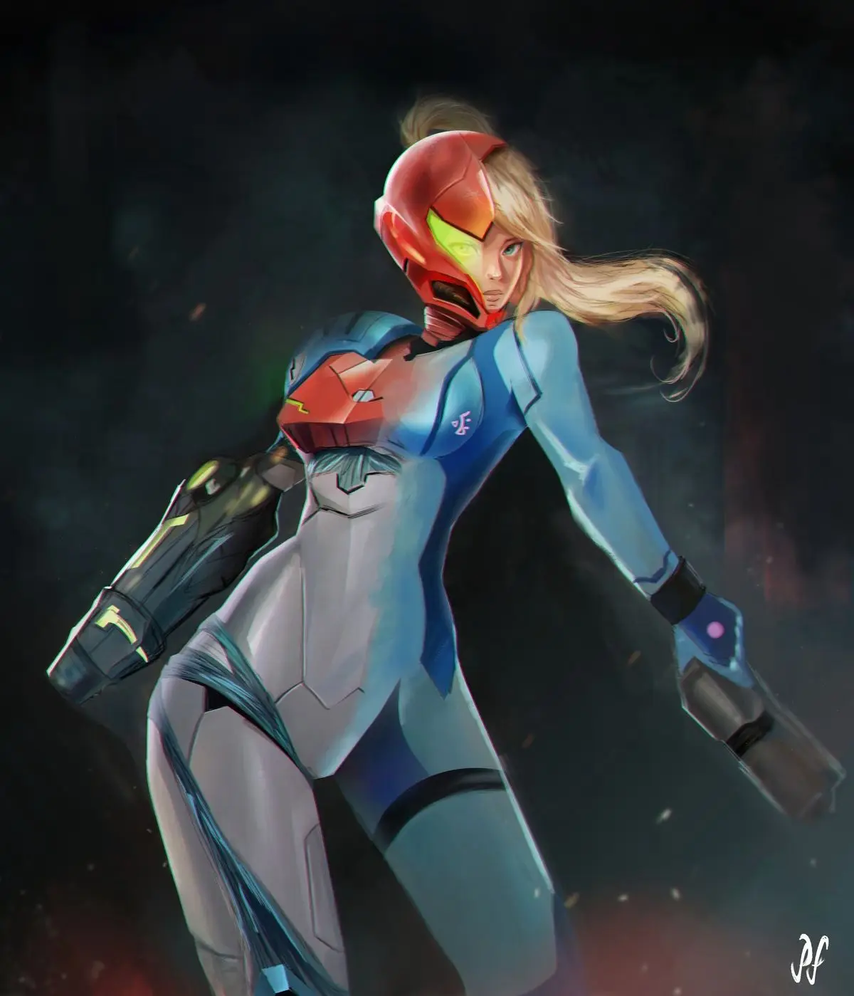 A female character in a blue and red armored suit with a helmet that has a glowing green visor, her blonde hair flowing…