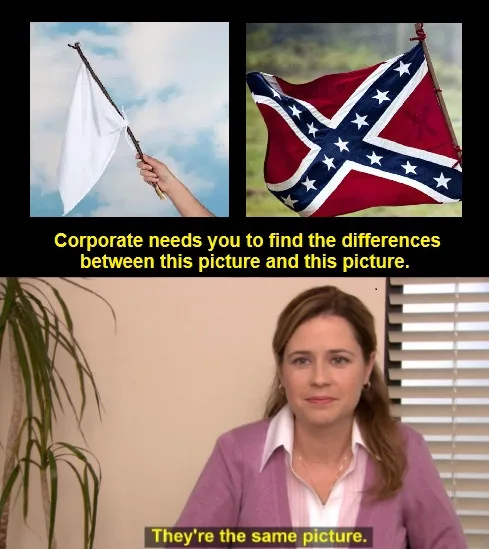 The image is a meme split into two parts: the top shows two side-by-side photos of a hand holding a flagpole, one with a…