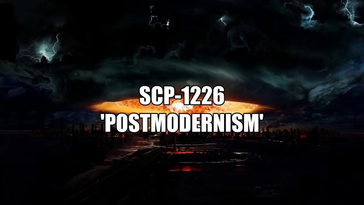 A dark, stormy sky with lightning over a desolate, ruined cityscape, overlaid with bold white text reading 'SCP-1226' and…