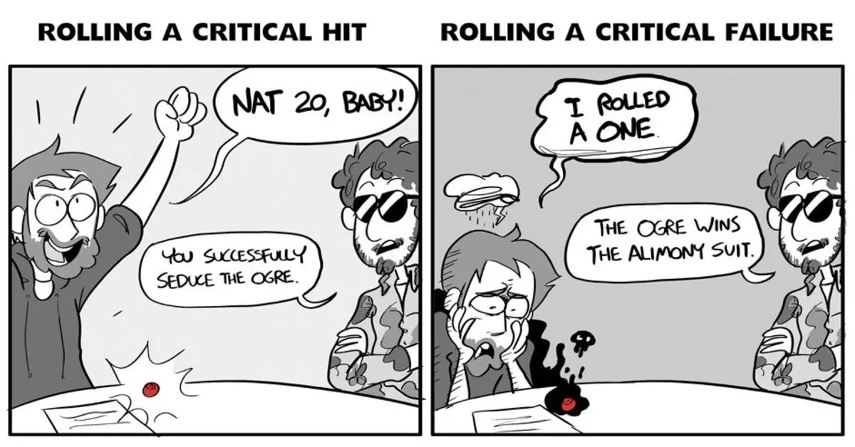 A two-panel comic shows a tabletop roleplaying game scenario. In the left panel, a player celebrates rolling a 'NAT 20…