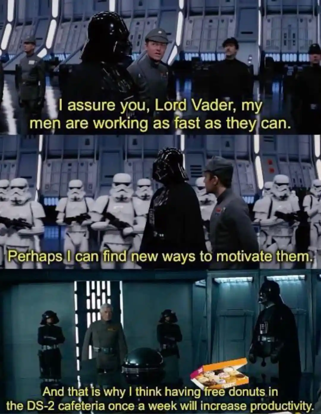 A three-panel meme from Star Wars showing Darth Vader confronting an Imperial officer. In the first panel, the officer…