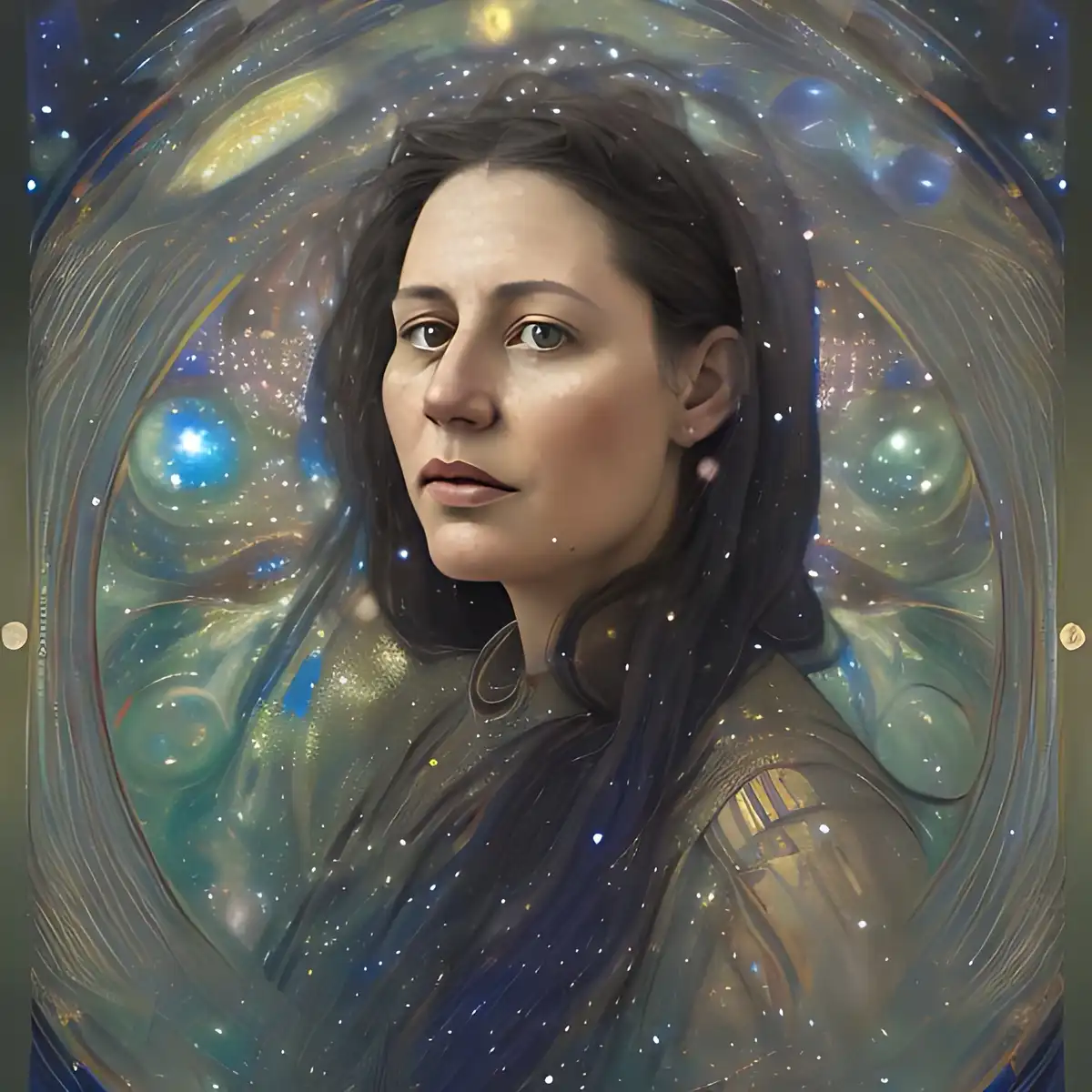 A portrait of a woman with dark hair and a neutral expression is framed within a swirling, cosmic bubble filled with stars…