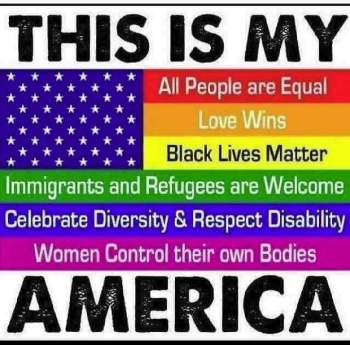 The image displays a composite flag with the American flag's stars on the left and rainbow stripes on the right. Each stripe…