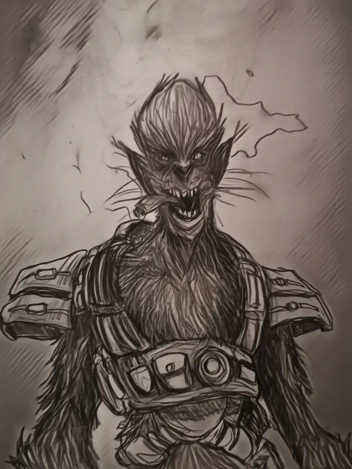 A sketch of a feral, snarling humanoid creature with cat-like features, sharp teeth, and pointed ears, wearing bulky armor…