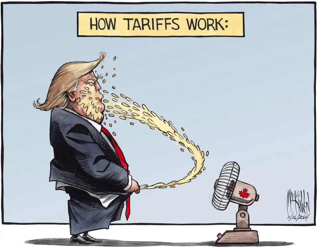 A cartoon depicts a caricature of Donald Trump blowing a stream of gold coins from his mouth toward a small fan with a…