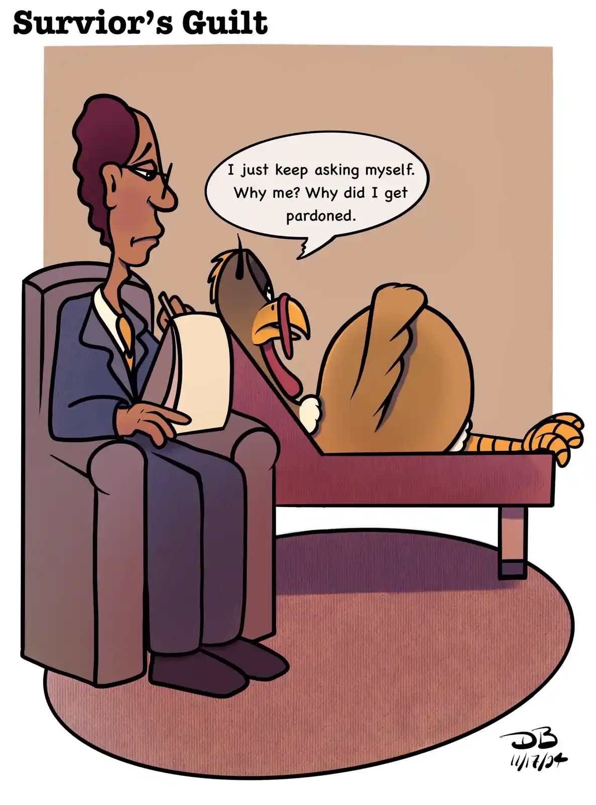 A cartoon turkey sits on a therapist's couch, looking distressed and asking why it was pardoned while others weren't. A…