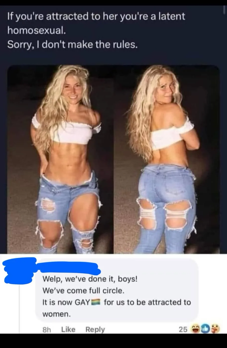 The image shows a split-screen of a blonde woman in a white crop top and ripped jeans, posing front and back. Overlaid text…