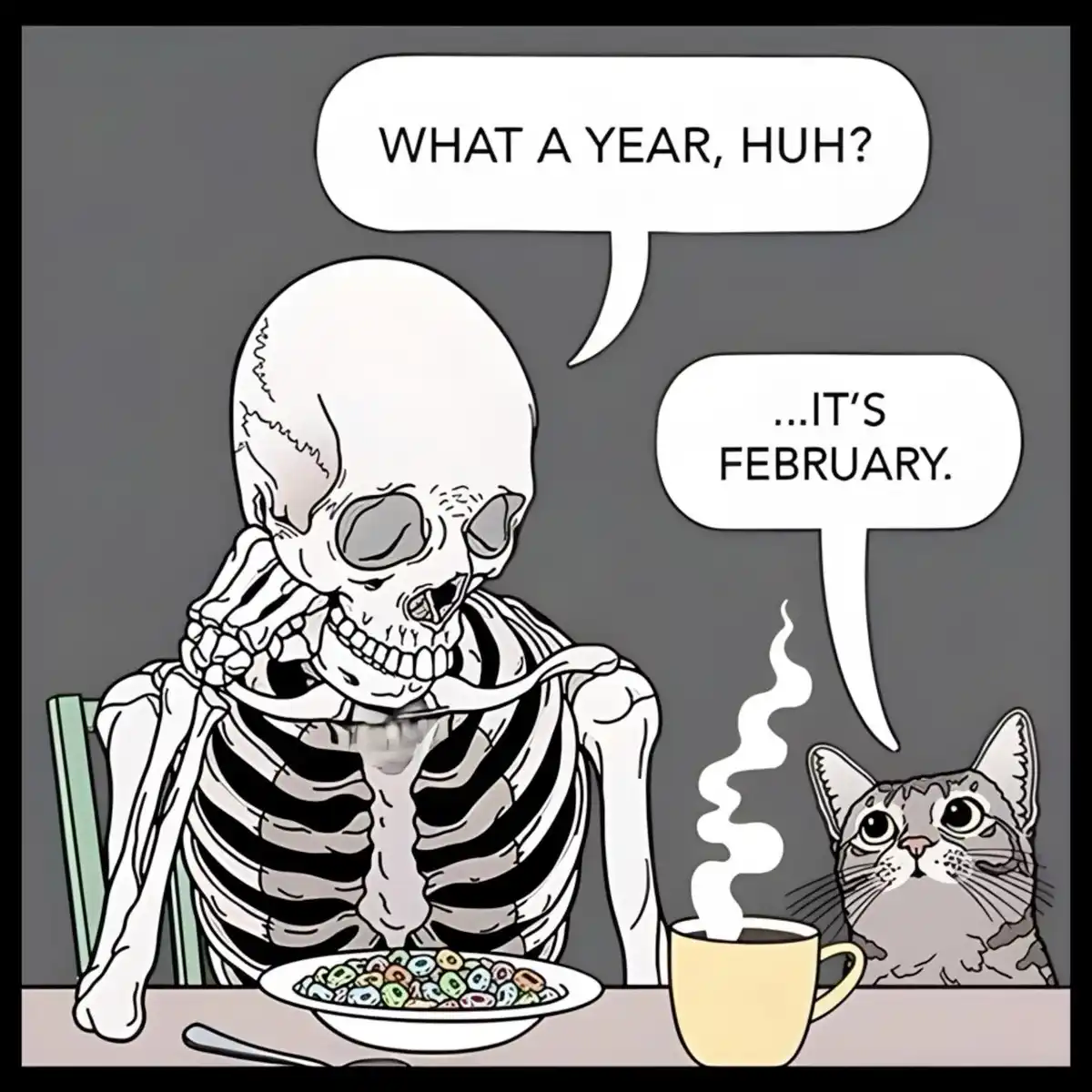 A cartoon skeleton sits at a table eating cereal and drinking coffee, looking exhausted and sarcastic. A tabby cat sits…