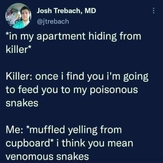 A screenshot of a tweet by Josh Trebach, MD, showing a humorous exchange where a 'killer' threatens to feed a victim to…