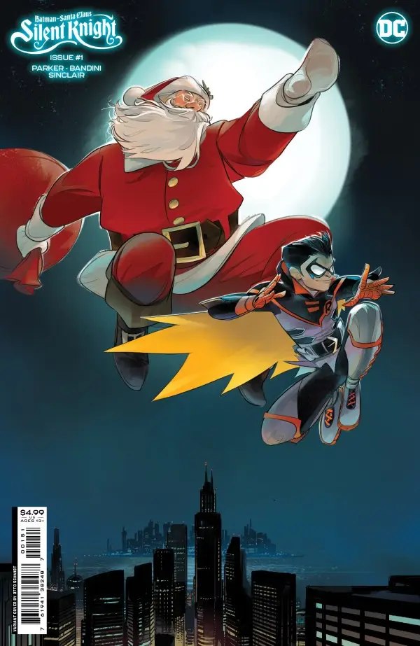 A comic book cover for 'Batman-Santa Claus: Silent Knight #1' shows a muscular Santa Claus in a red suit flying above a…
