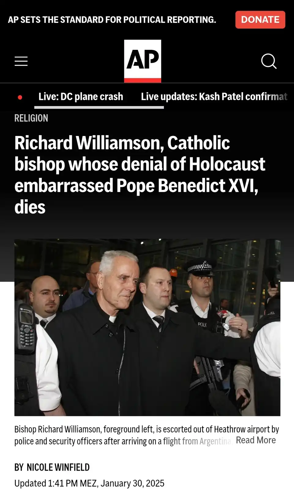 An AP news article screenshot shows a photo of Richard Williamson, a Catholic bishop, being escorted by police and security…