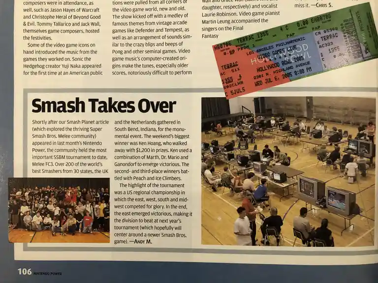 A magazine page from Nintendo Power featuring articles about video game events, including a photo of a large group of gamers…