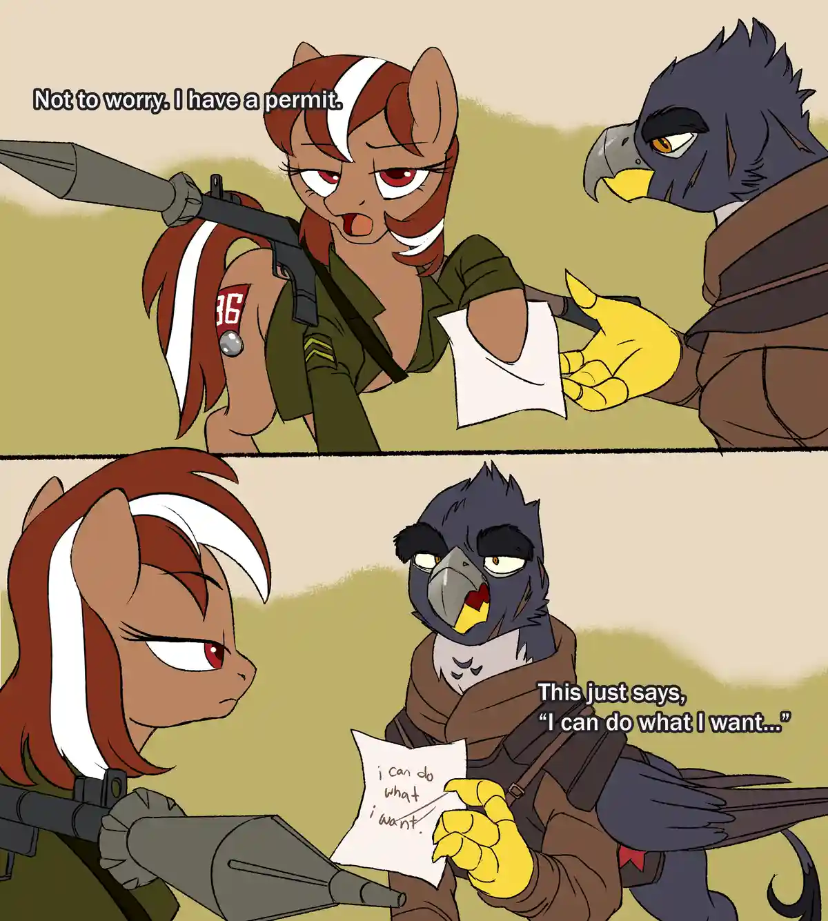 A two-panel comic featuring an anthropomorphic pony with red eyes and a rifle, who claims to have a permit. In the second…