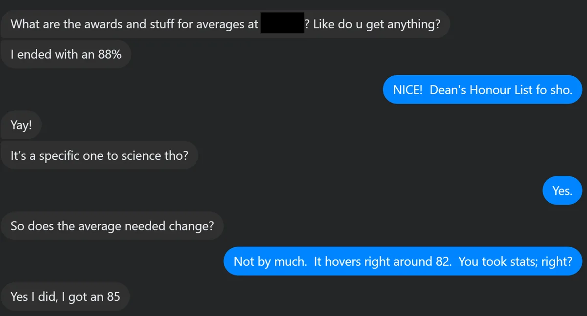A screenshot of a text conversation where one person boasts about an 88% average, leading another to falsely claim it…