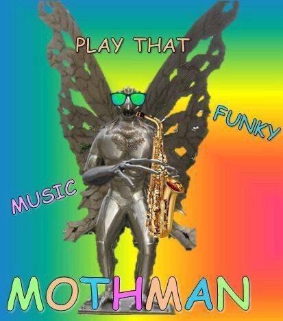 A metallic statue of a humanoid moth with large, dark, lace-like wings and green sunglasses, holding a golden saxophone. The…