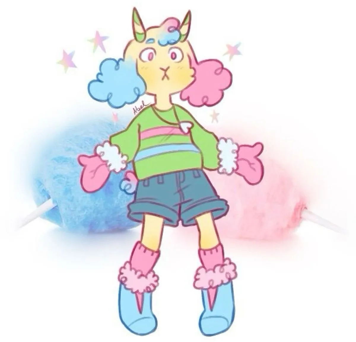 A cartoon character with a yellow face, small horns, and a rainbow cloud on its head stands between two large cotton candy…