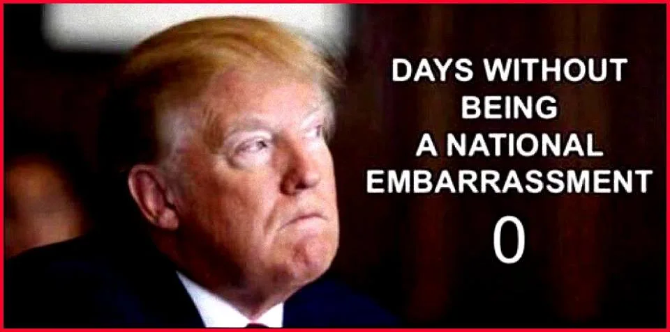 A close-up photo of Donald Trump with a disgruntled facial expression, overlaid with white text that reads 'DAYS WITHOUT…