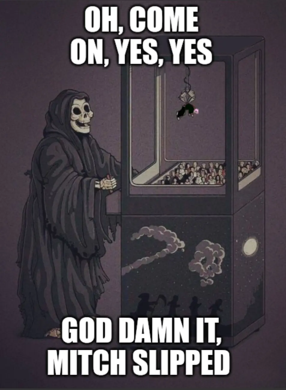 A skeletal figure in a dark robe stands beside a large claw machine filled with people. A small character is dangling from…