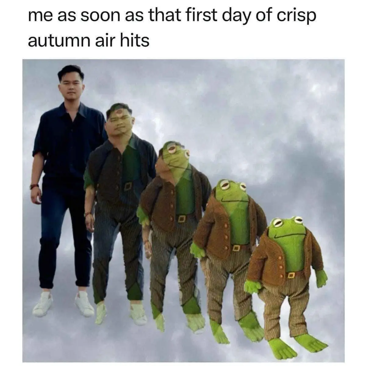 The image shows a man standing next to progressively more distorted and frog-like versions of himself, fading into a green…