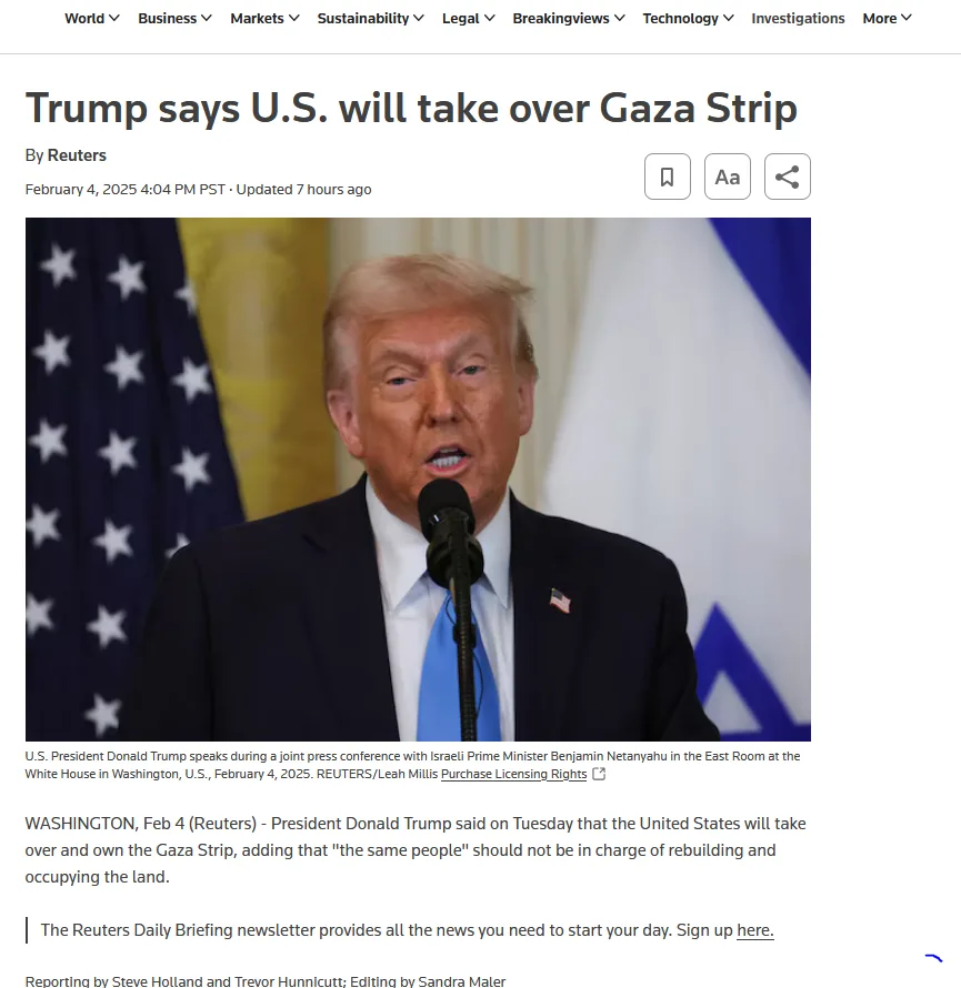 A screenshot of a Reuters news article dated February 4, 2025, featuring a photo of Donald Trump speaking at a press…