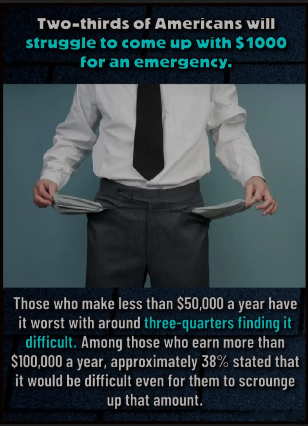 A man in a white shirt and black tie stands with his pants pockets turned inside out, revealing empty pockets. Overlaid text…