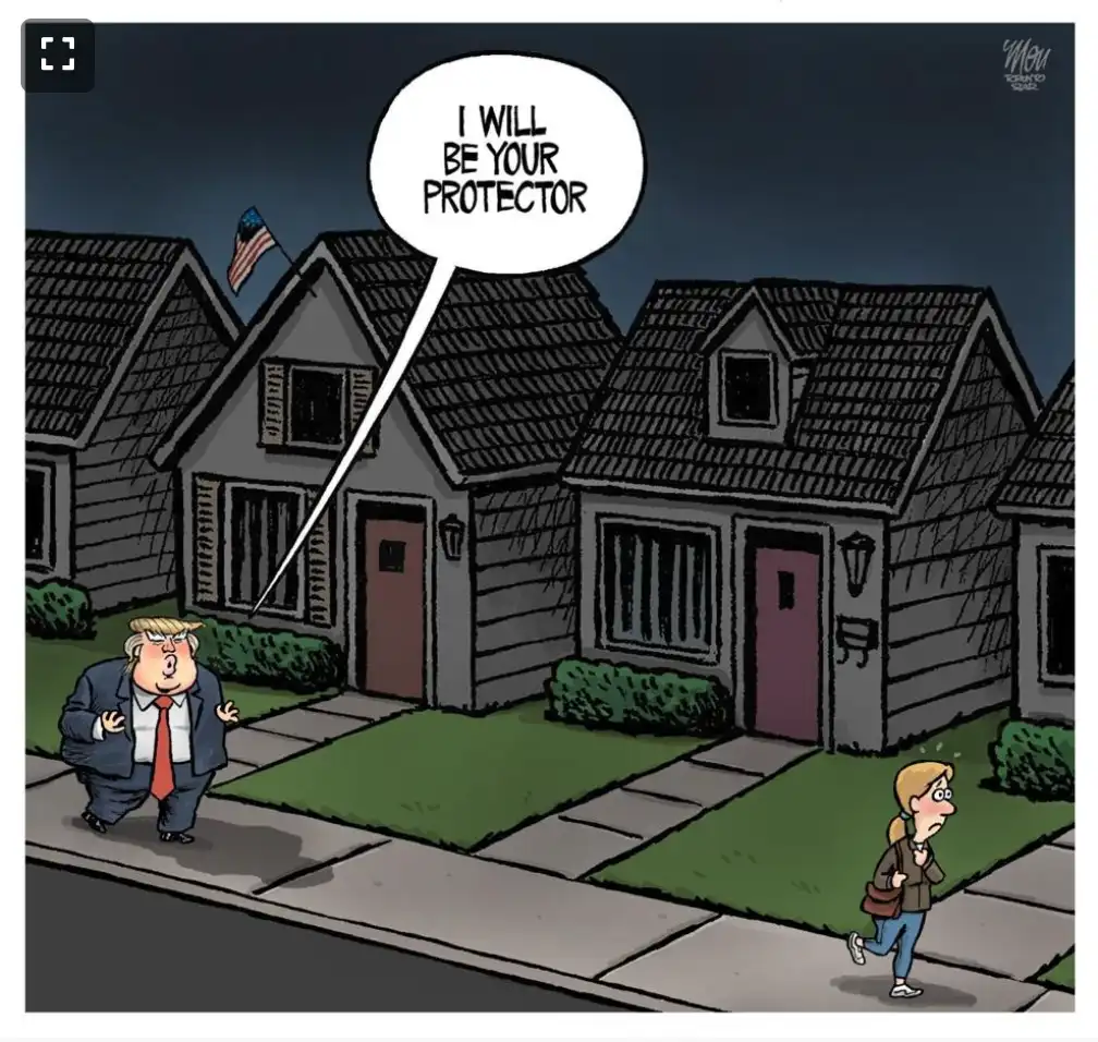 A cartoon depicts a caricature of Donald Trump walking down a suburban street at night, gesturing toward a woman walking…