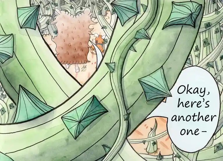 A watercolor illustration shows a person partially obscured by large green vines and leaves, with a speech bubble saying…