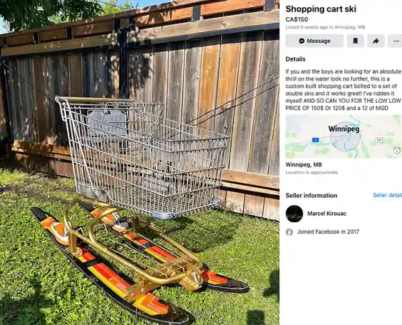 A photograph shows a standard metal shopping cart bolted to a pair of skis, resting on grass near a wooden fence. The image…