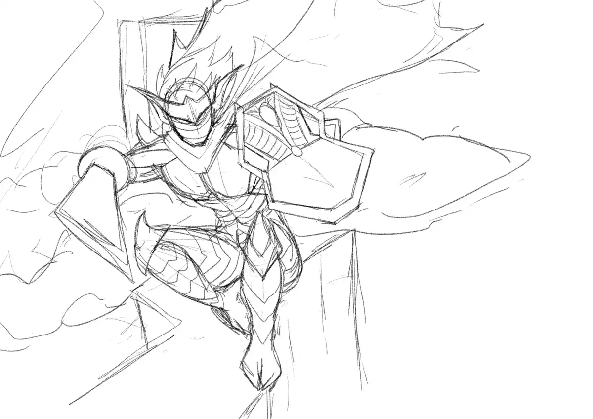 A rough black-and-white pencil sketch depicts a stylized, armored anime character with spiky hair and a determined…