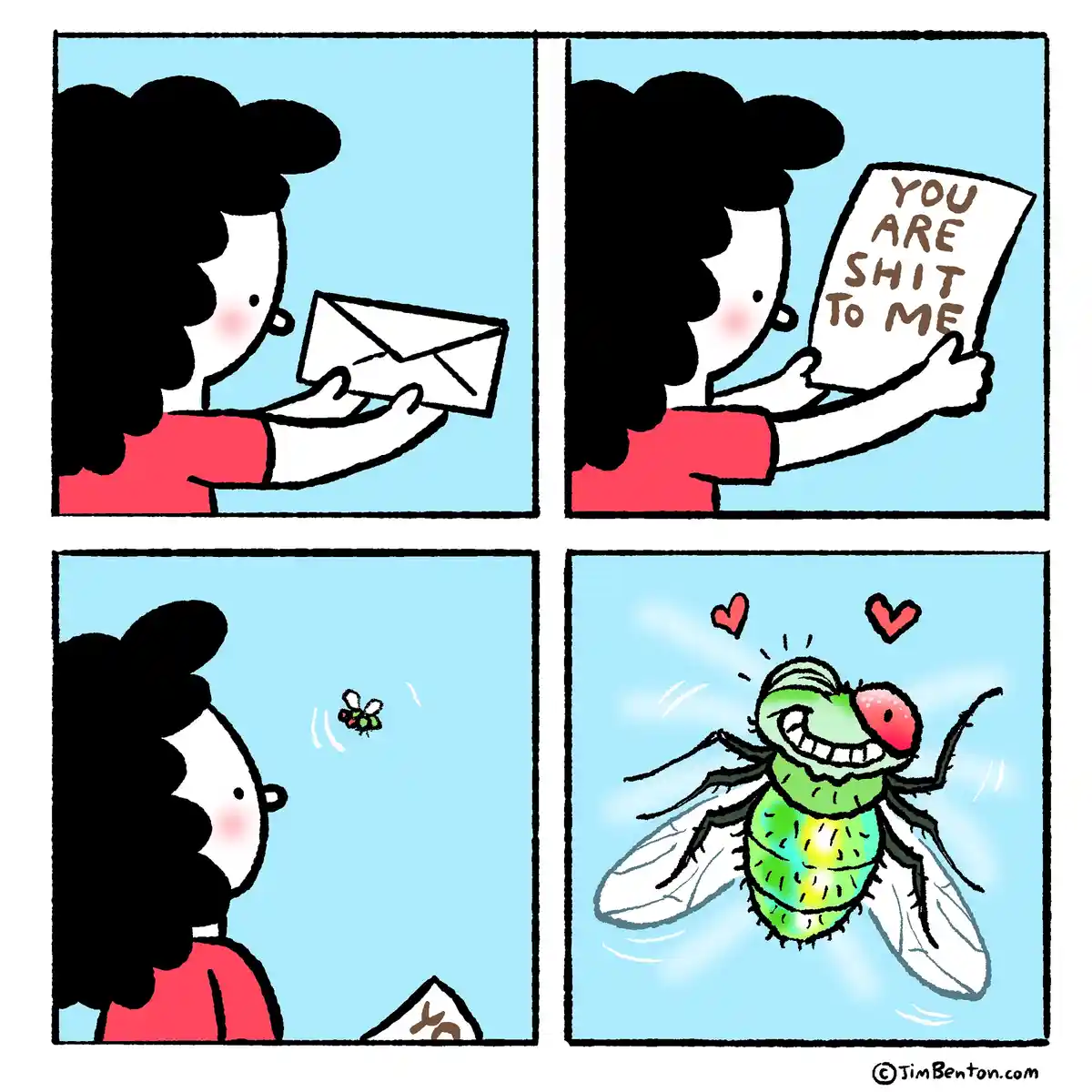 A four-panel comic shows a person opening a letter, reading 'YOU ARE SHIT TO ME', looking confused as a fly flies away, then…