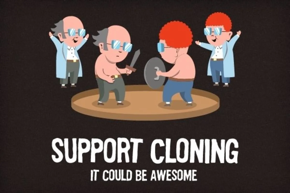 Four cartoon characters are depicted: two bald men in lab coats cheer from the sides, while a bald man with a sword and a…