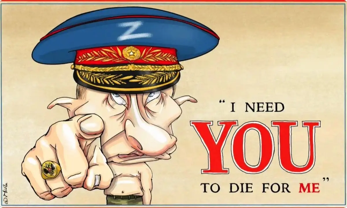 A cartoon caricature of Vladimir Putin wearing a blue military cap with a white 'Z' on it, pointing directly at the viewer…