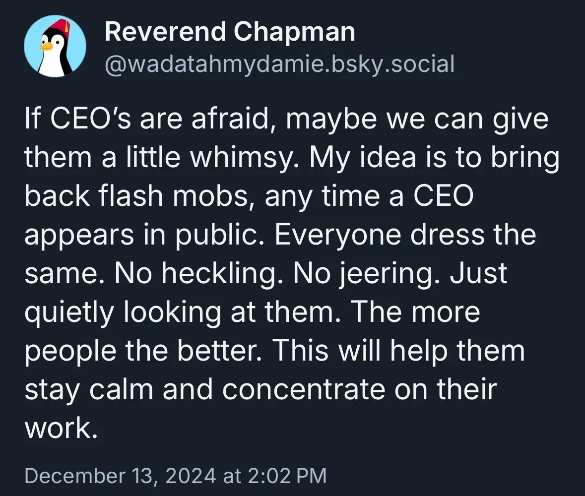 A screenshot of a social media post by 'Reverend Chapman' with a penguin avatar, featuring white text on a dark background…