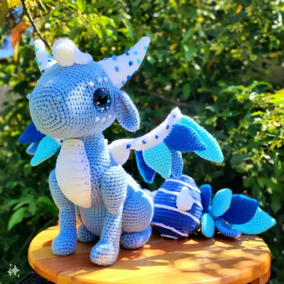 A handmade crocheted dragon plushie with blue and white yarn, large shiny eyes, and decorative horns sits on a wooden stool…