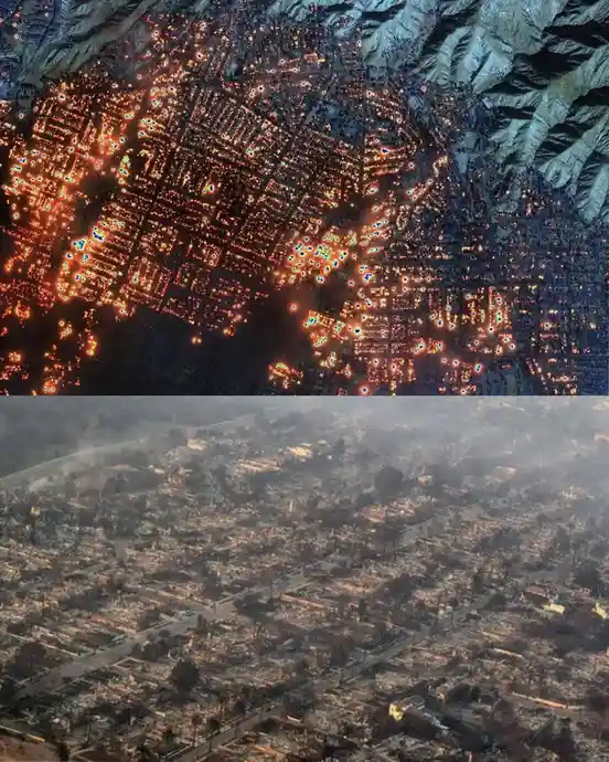 The image is split into two halves: the top shows a satellite view of a city at night with bright orange lights indicating…