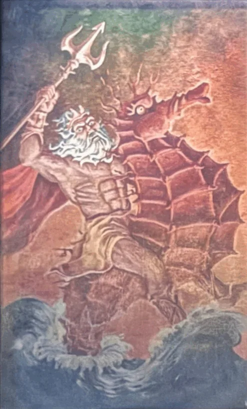 six panels show a mythological sea god with a trident and red cape riding a sea creature, progressively decaying from a…