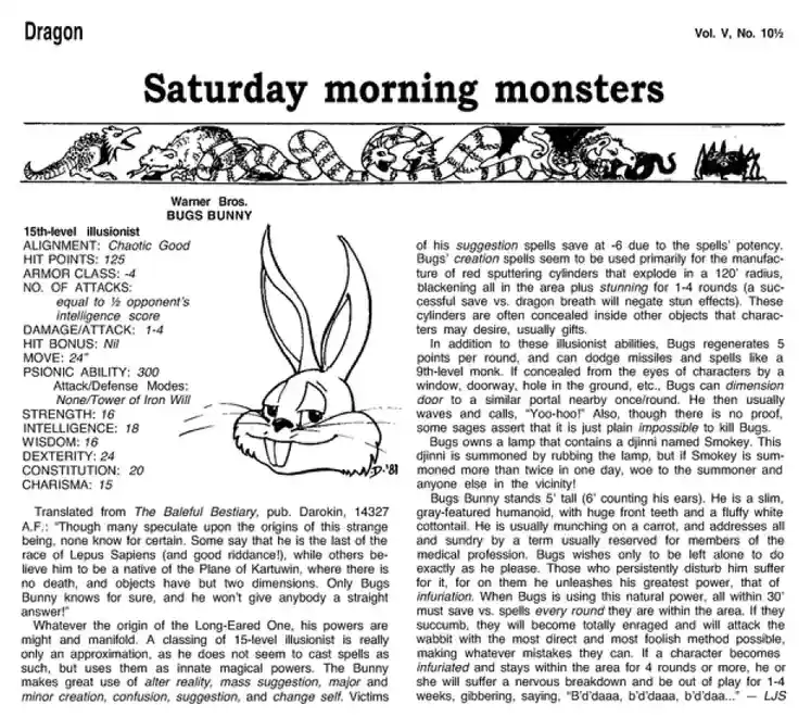 A Dungeons & Dragons-style monster stat block for Bugs Bunny, featuring his cartoon image, stats like 'Alignment: Chaotic…