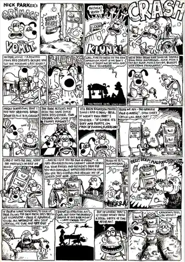 A black-and-white comic strip titled 'Nick Parker's Grimace and Vomit' shows two cartoon characters, Grimace and Vomit…