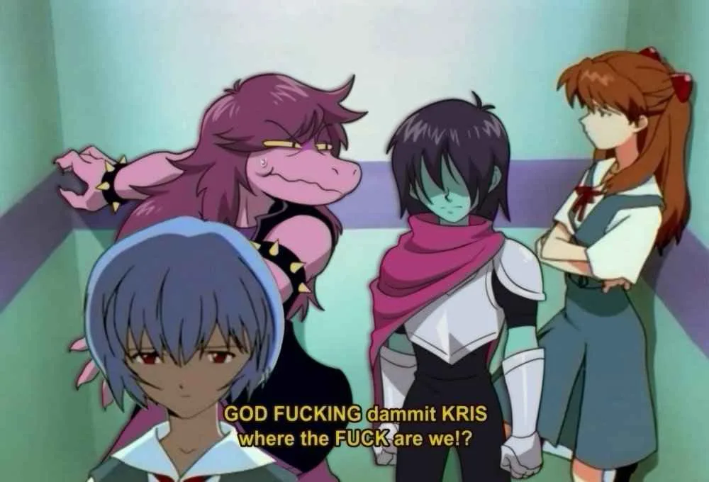 An anime scene featuring four characters in a hallway, with the foreground character angrily yelling at someone named Kris…