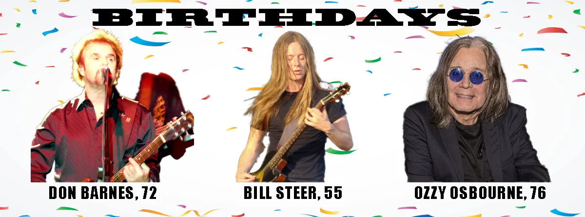 The image displays three men, each with their name and age listed below them, set against a background of colorful confetti…