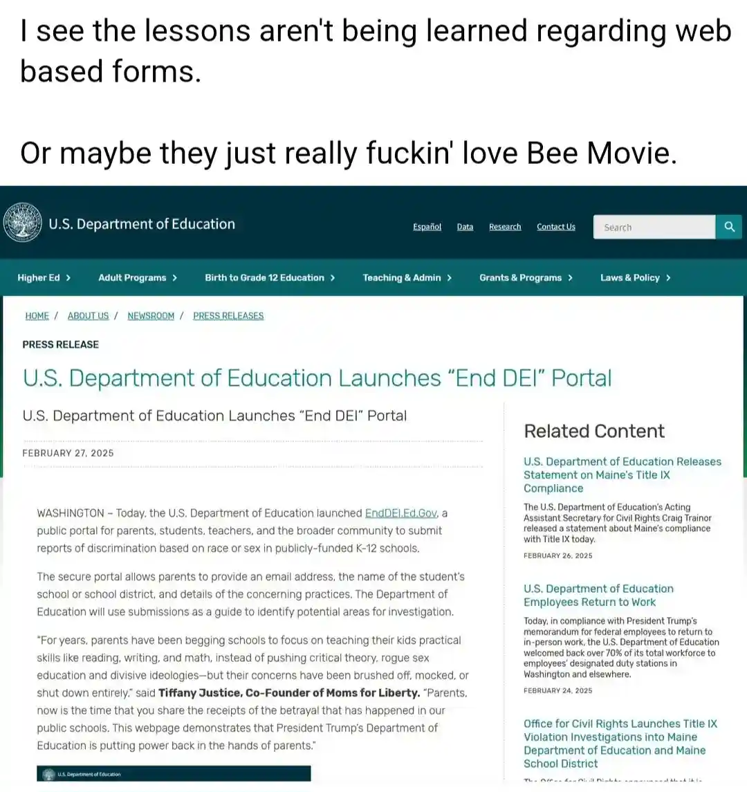 The image shows a screenshot of a U.S. Department of Education press release page announcing the launch of an 'End DEI'…