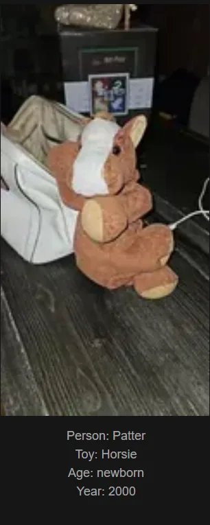 A brown plush horse toy with a white bandage wrapped around its head sits on a wooden floor next to a white bag. The image…