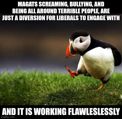 A photograph of a puffin standing on green grass, looking down with a slightly smug or self-satisfied expression. The image…