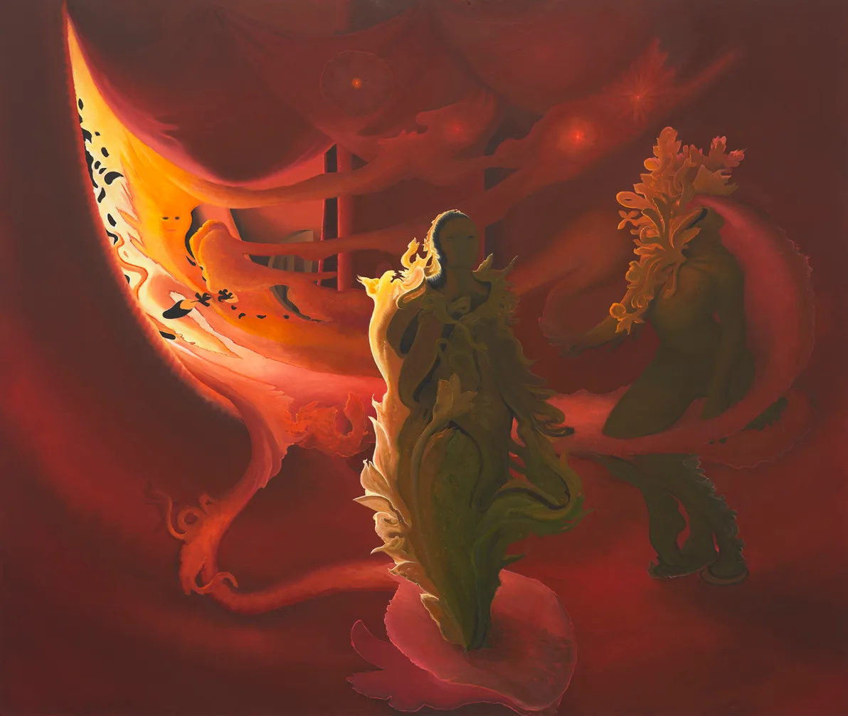 A surreal painting depicts two humanoid figures with plant-like, flame-shaped hair and foliage growing from their bodies…