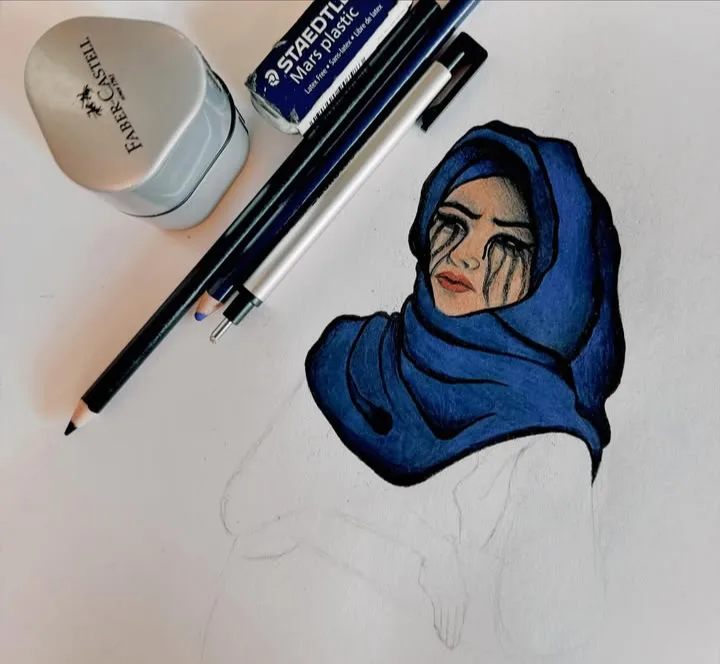 A hand-drawn illustration of a woman in a blue hijab, visibly crying with tears streaming down her face, is shown on a white…